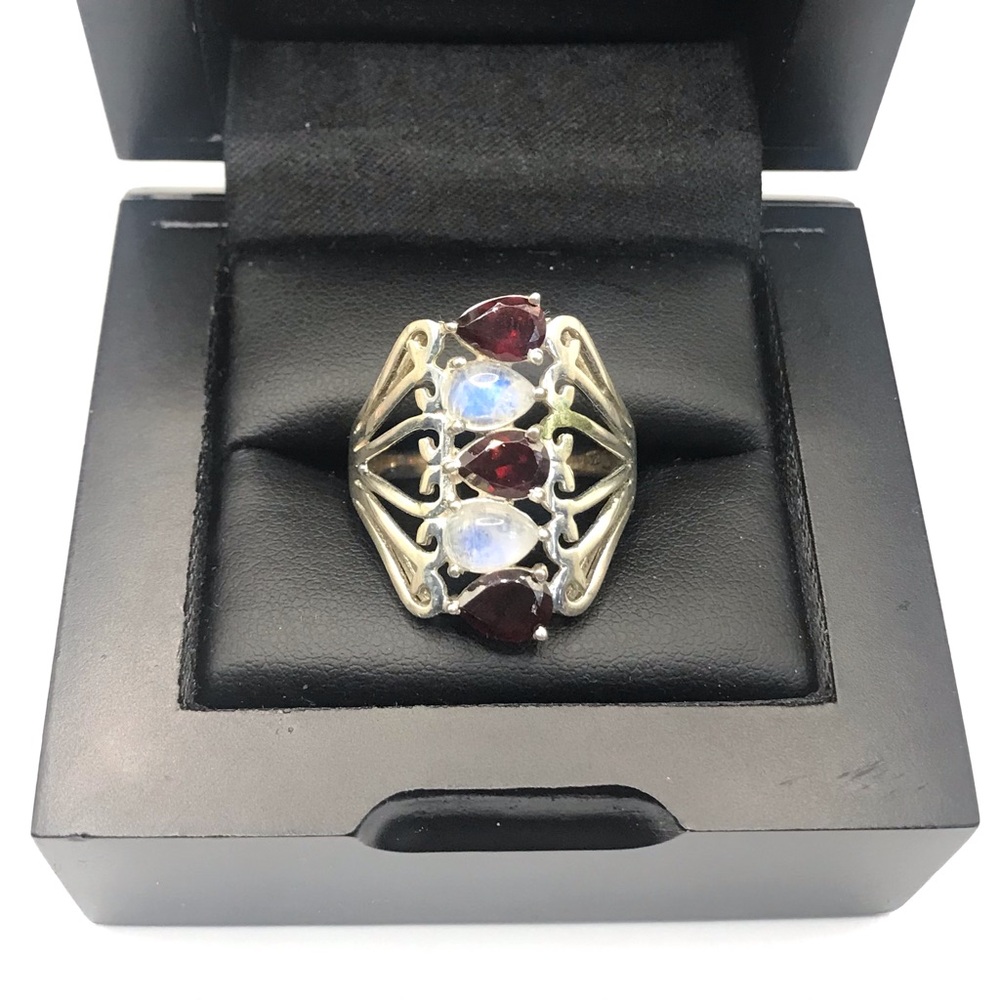 925 Sterling Silver Filigree Garnet and Moonstone Statement Ring Size 12